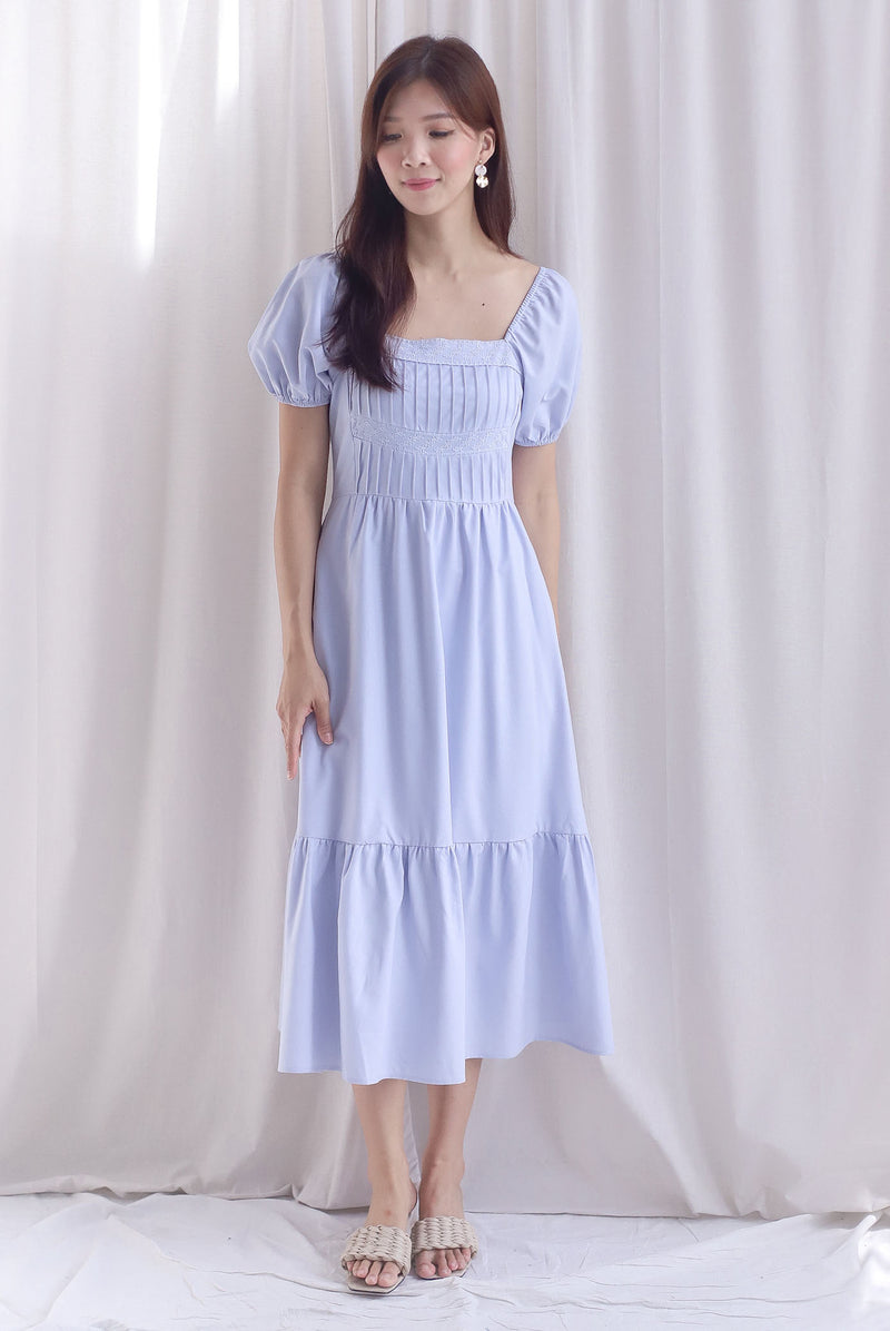 Elfrida Puffy Sleeve Lattice Pintuck Midi Dress In Powder Blue
