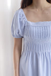 Elfrida Puffy Sleeve Lattice Pintuck Midi Dress In Powder Blue