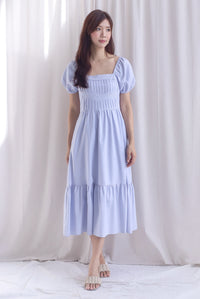 Elfrida Puffy Sleeve Lattice Pintuck Midi Dress In Powder Blue