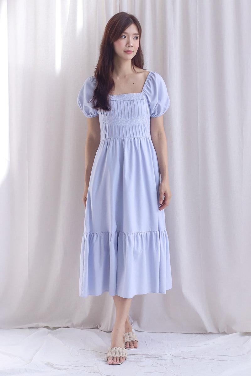 Elfrida Puffy Sleeve Lattice Pintuck Midi Dress In Powder Blue