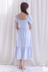 Elfrida Puffy Sleeve Lattice Pintuck Midi Dress In Powder Blue
