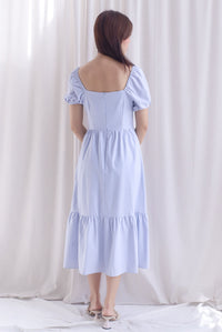 Elfrida Puffy Sleeve Lattice Pintuck Midi Dress In Powder Blue
