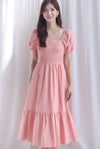 Elfrida Puffy Sleeve Lattice Pintuck Midi Dress In Salmon Pink