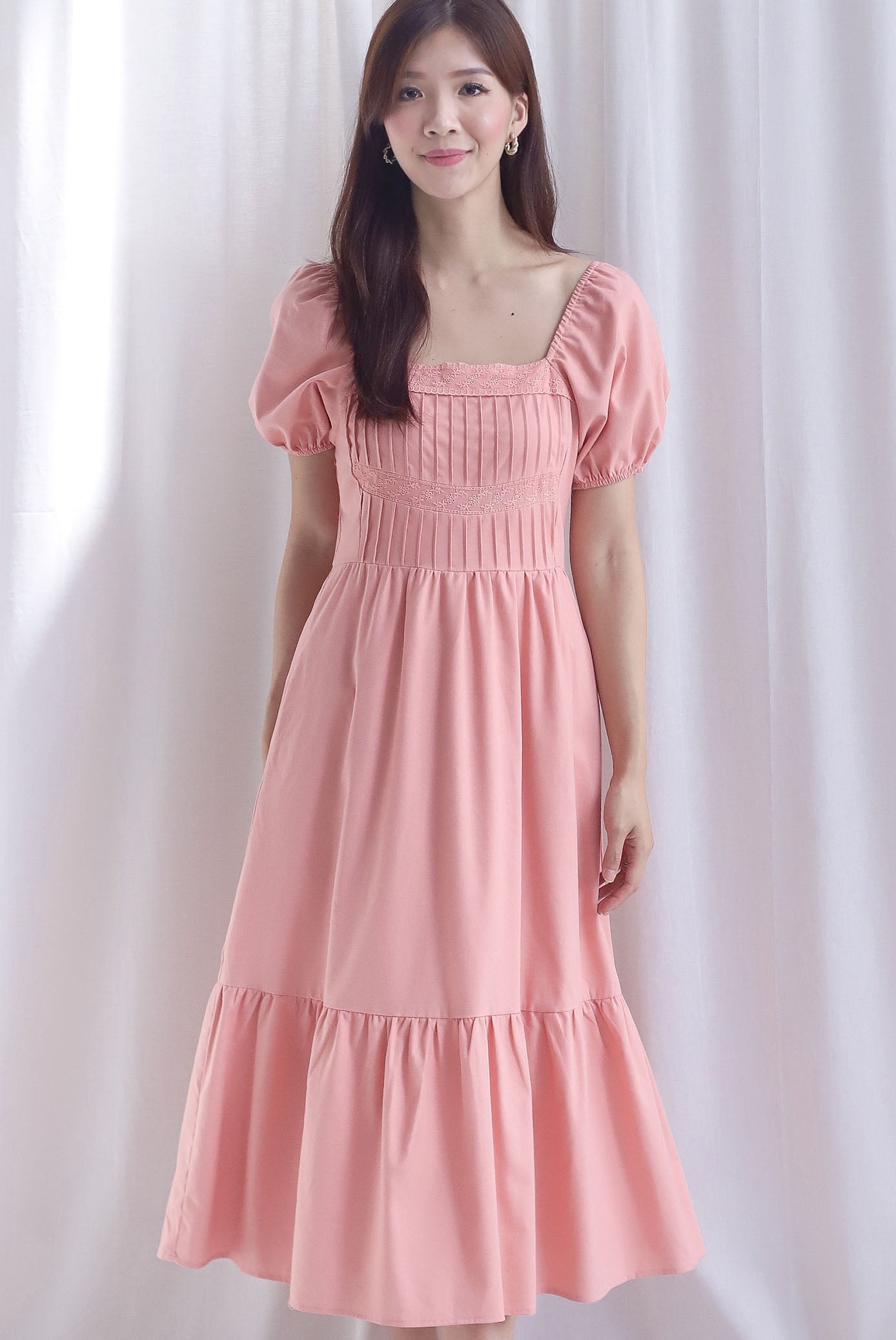Elfrida Puffy Sleeve Lattice Pintuck Midi Dress In Salmon Pink