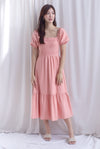 Elfrida Puffy Sleeve Lattice Pintuck Midi Dress In Salmon Pink