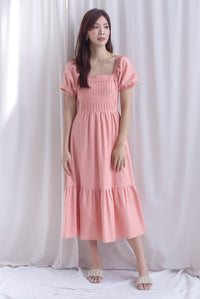 Elfrida Puffy Sleeve Lattice Pintuck Midi Dress In Salmon Pink