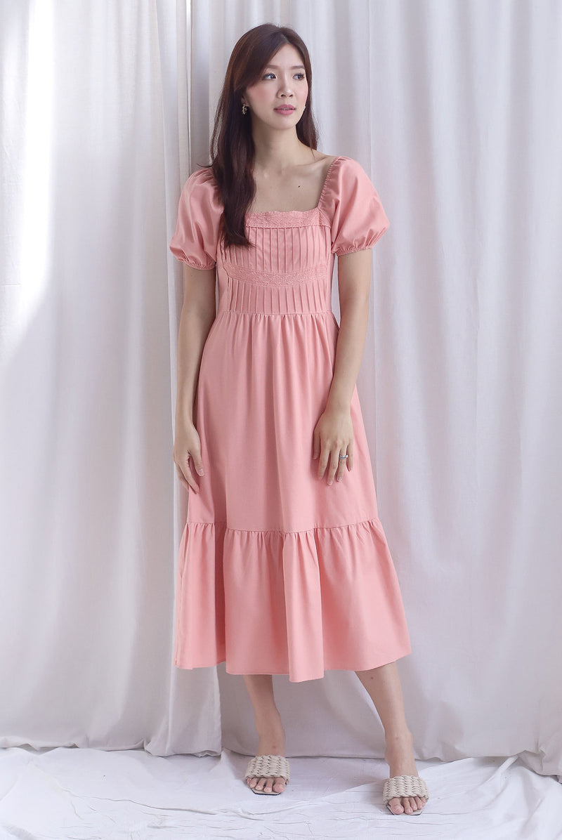 Elfrida Puffy Sleeve Lattice Pintuck Midi Dress In Salmon Pink