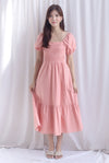Elfrida Puffy Sleeve Lattice Pintuck Midi Dress In Salmon Pink