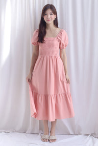 Elfrida Puffy Sleeve Lattice Pintuck Midi Dress In Salmon Pink