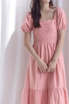 Elfrida Puffy Sleeve Lattice Pintuck Midi Dress In Salmon Pink