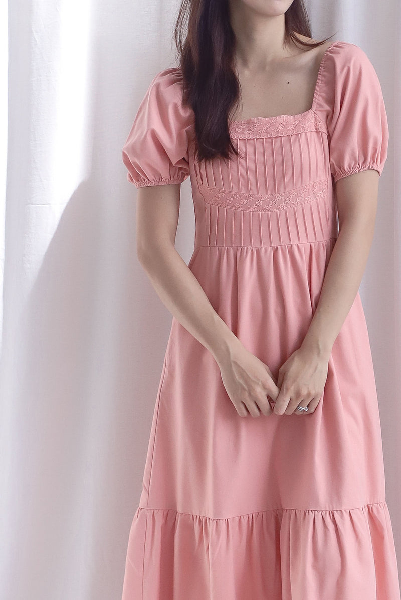 Elfrida Puffy Sleeve Lattice Pintuck Midi Dress In Salmon Pink