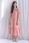 Elfrida Puffy Sleeve Lattice Pintuck Midi Dress In Salmon Pink