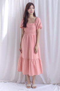 Elfrida Puffy Sleeve Lattice Pintuck Midi Dress In Salmon Pink
