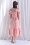 Elfrida Puffy Sleeve Lattice Pintuck Midi Dress In Salmon Pink