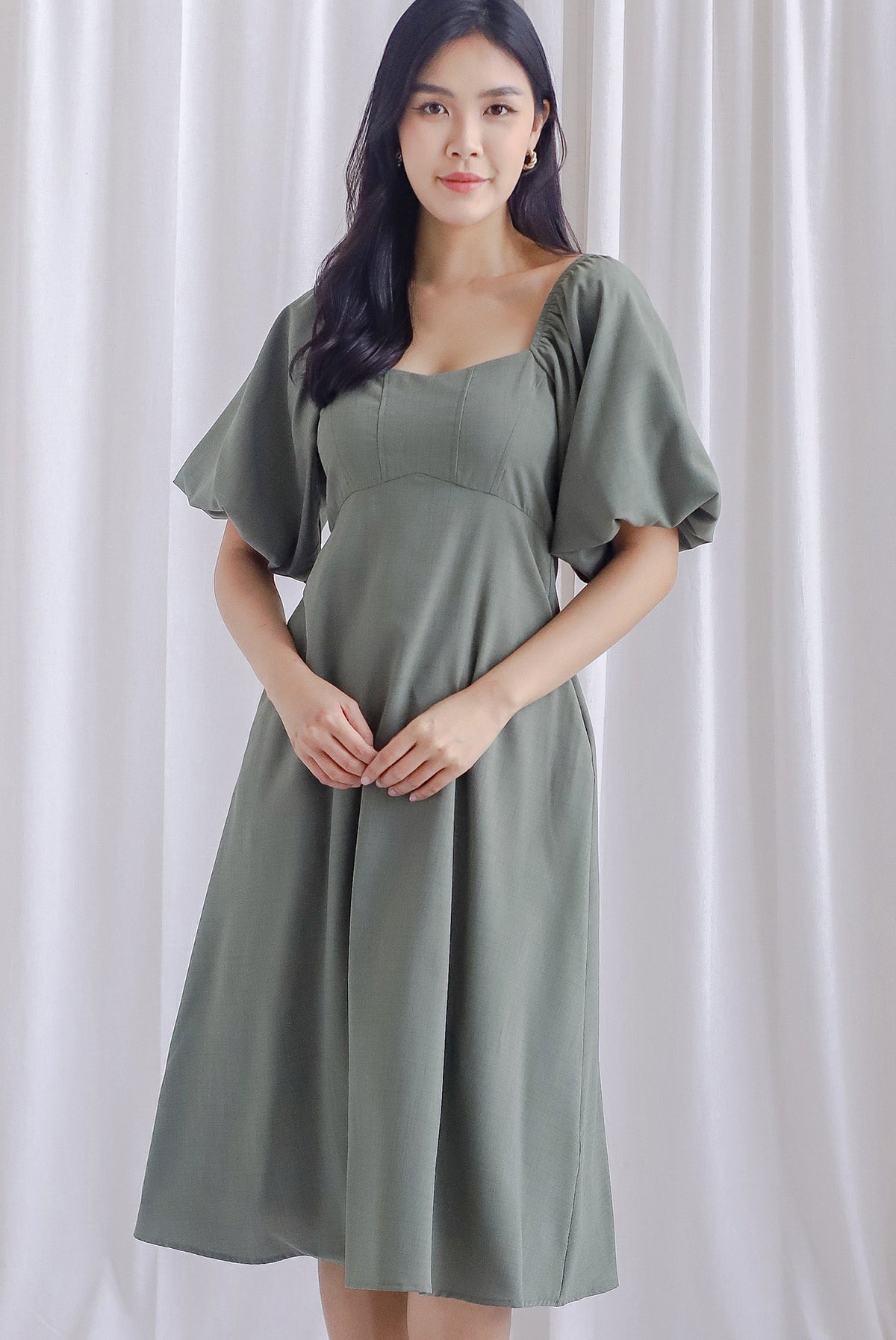 Ellie Puffy Sleeve Seam Bustier Midi Dress In Olive