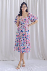 Ellie Puffy Sleeve Seam Bustier Midi Dress In Pink Floral