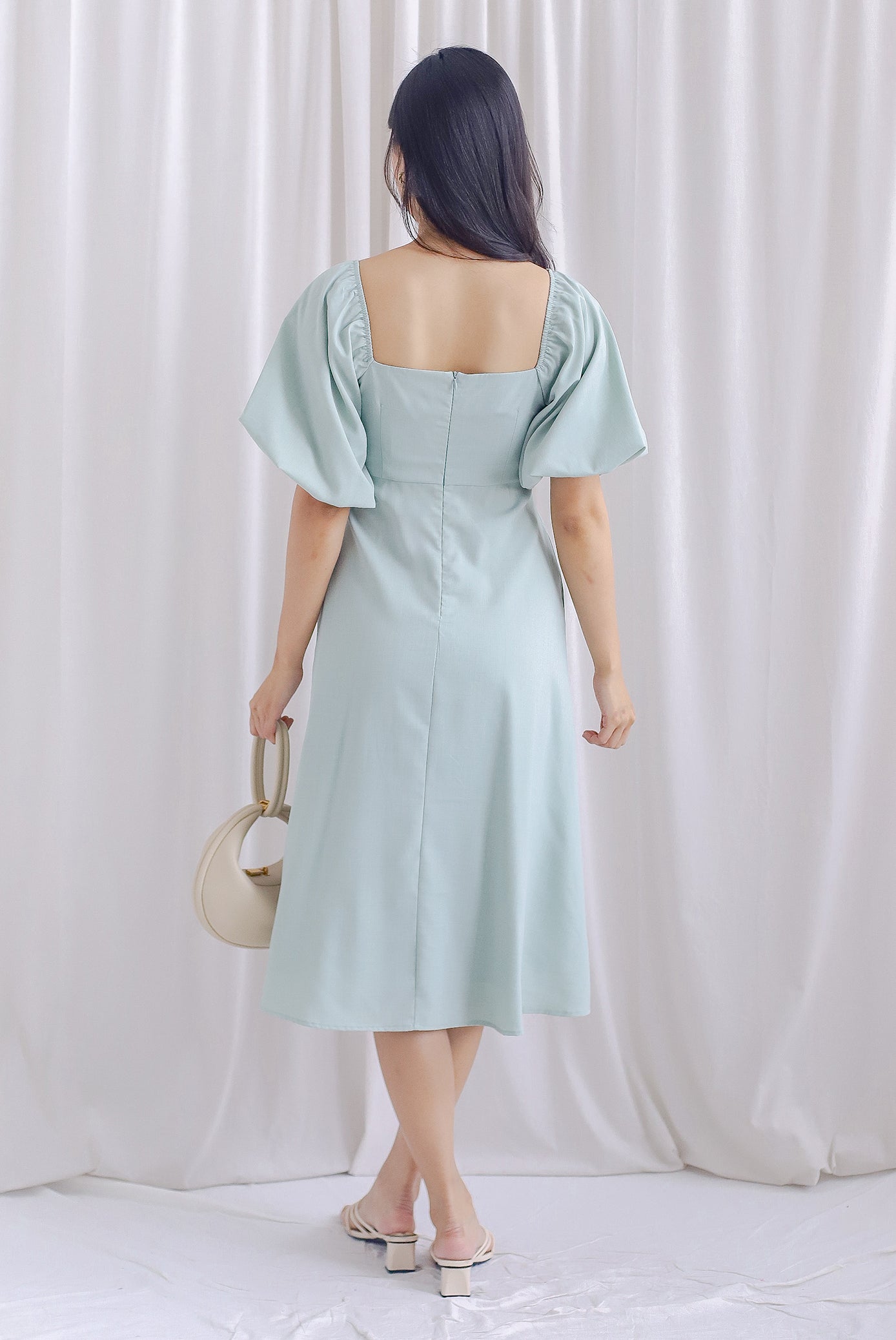 bustier midi dress with sleeves Ellie Puffy Sleeve Seam Bustier Midi Dress In Sage The Design Closets