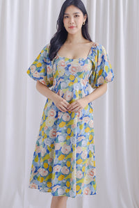 Ellie Puffy Sleeve Seam Bustier Midi Dress In Yellow Floral