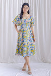 Ellie Puffy Sleeve Seam Bustier Midi Dress In Yellow Floral