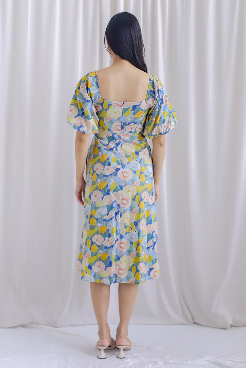 Ellie Puffy Sleeve Seam Bustier Midi Dress In Yellow Floral