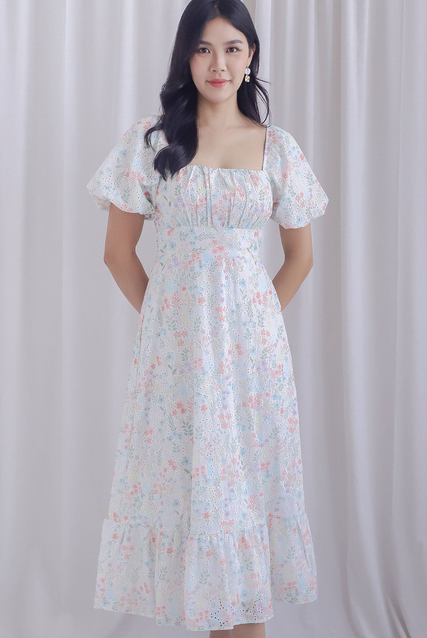 Ellington Print Embro Ruched Bustier Maxi Dress In Coral/Blue The Design Closets Ellington Print Embro Ruched Bustier Maxi Dress In Coral/Blue The Design Closets