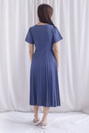 Elon Sleeved Pleat Midi Dress In Steel Blue