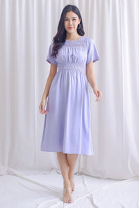 Elorie Flutter Sleeve Ruched Midi Dress In Lavender