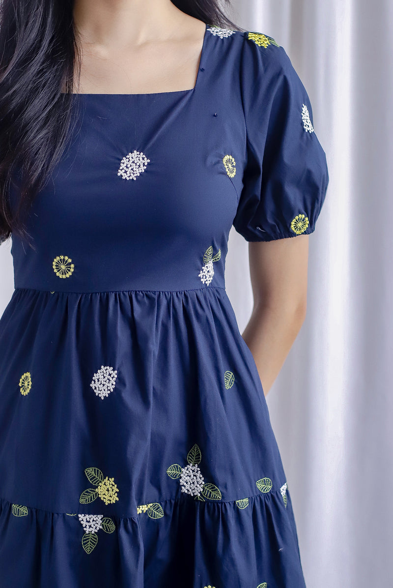 Elyna Embro Puffy Sleeve Tier Midi Dress In Navy Blue