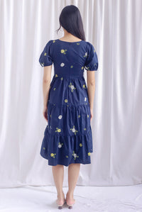 Elyna Embro Puffy Sleeve Tier Midi Dress In Navy Blue