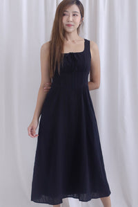 Emilia Ruched Lattice Corset Sleeveless Midi Dress In Black