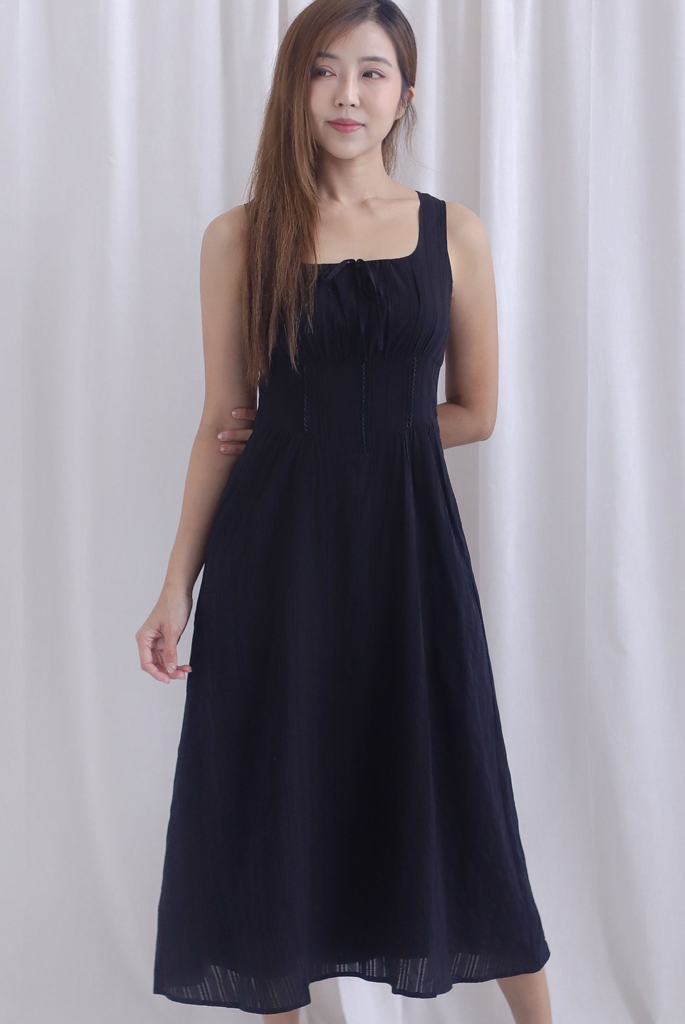 Emilia Ruched Lattice Corset Sleeveless Midi Dress In Black