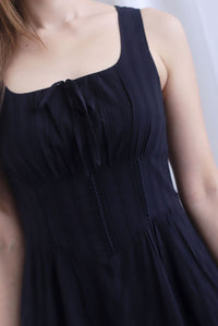 Emilia Ruched Lattice Corset Sleeveless Midi Dress In Black