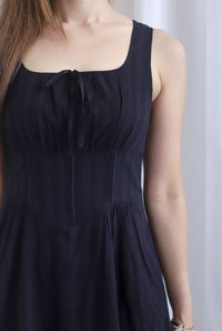 Emilia Ruched Lattice Corset Sleeveless Midi Dress In Black