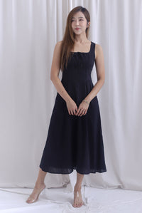 Emilia Ruched Lattice Corset Sleeveless Midi Dress In Black