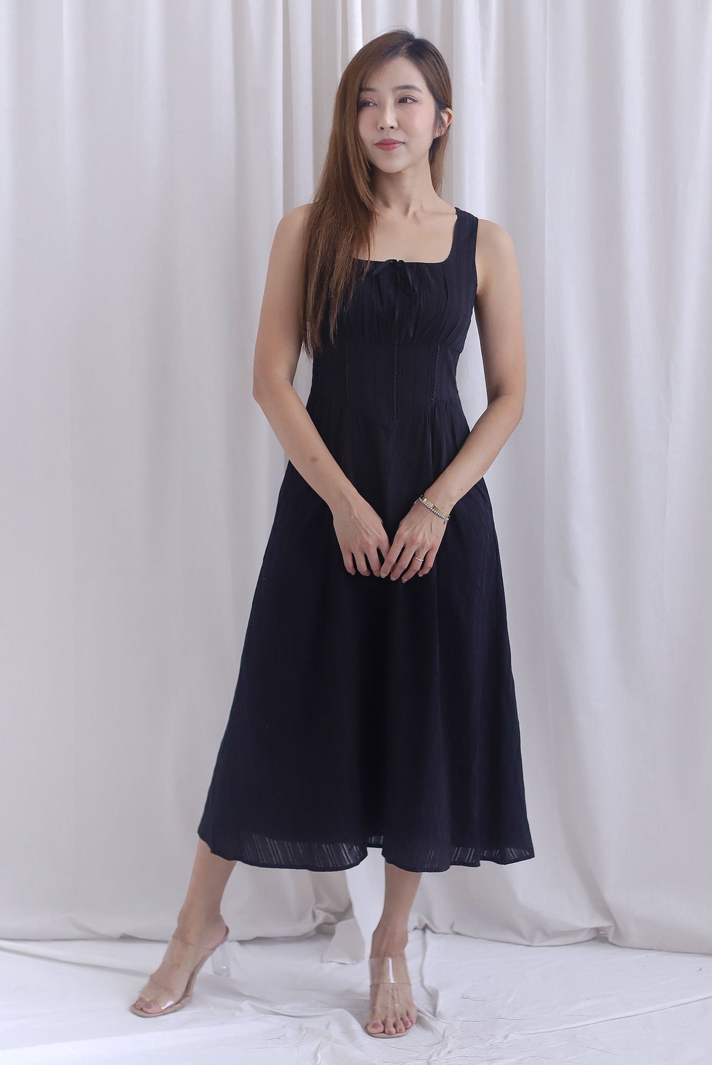 Emilia Ruched Lattice Corset Sleeveless Midi Dress In Black