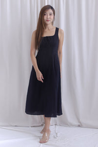 Emilia Ruched Lattice Corset Sleeveless Midi Dress In Black