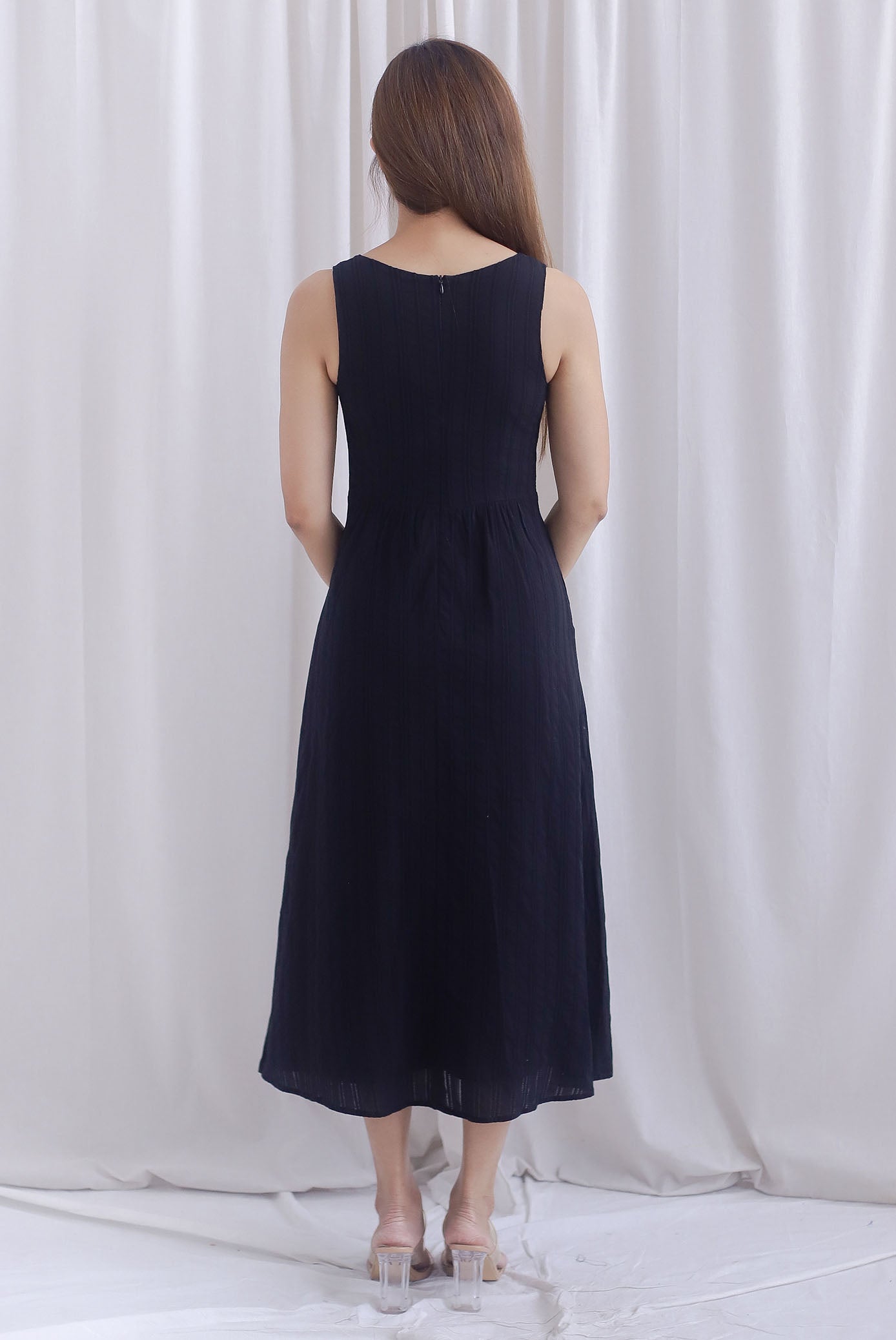 Emilia Ruched Lattice Corset Sleeveless Midi Dress In Black