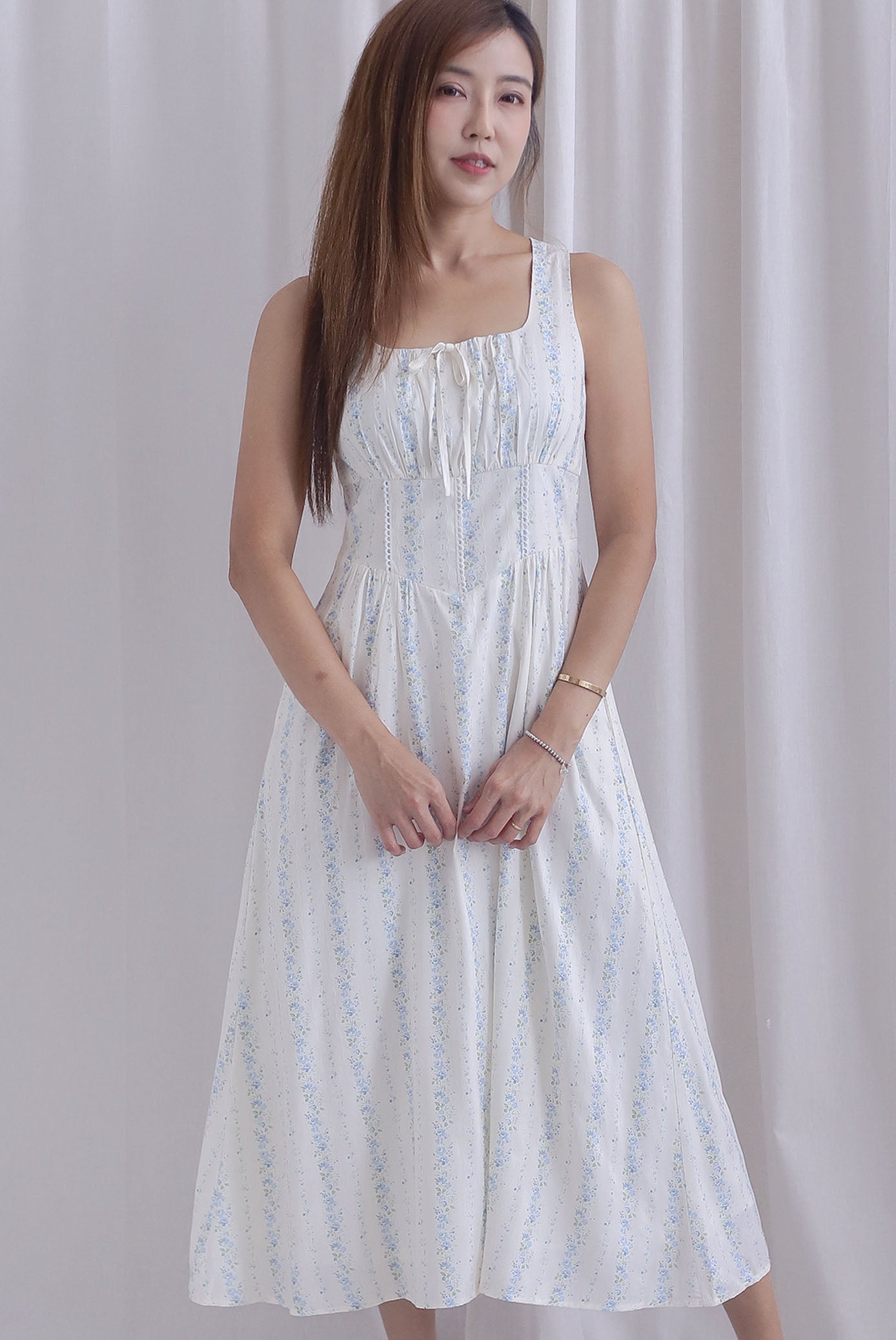 Emilia Ruched Lattice Corset Sleeveless Midi Dress In Blue Floral