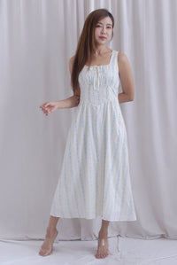Emilia Ruched Lattice Corset Sleeveless Midi Dress In Blue Floral