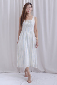 Emilia Ruched Lattice Corset Sleeveless Midi Dress In Blue Floral