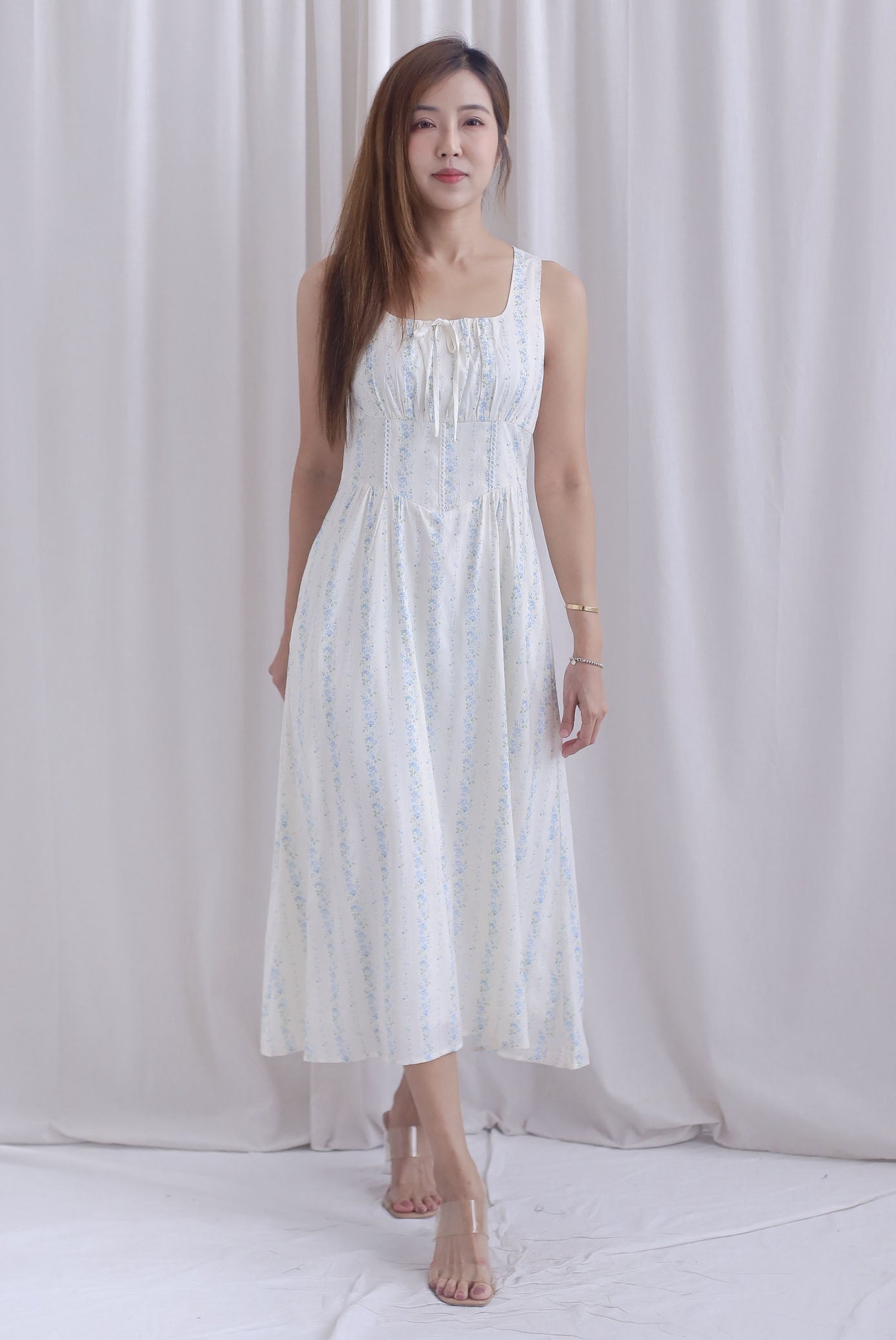 Emilia Ruched Lattice Corset Sleeveless Midi Dress In Blue Floral