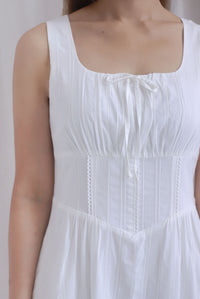 Emilia Ruched Lattice Corset Sleeveless Midi Dress In White
