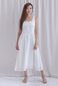 Emilia Ruched Lattice Corset Sleeveless Midi Dress In White