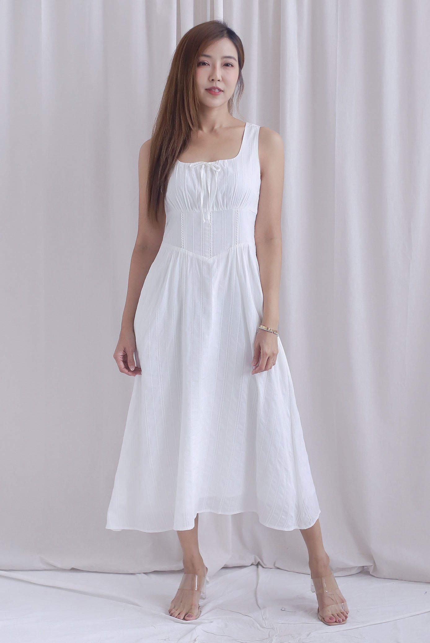 Emilia Ruched Lattice Corset Sleeveless Midi Dress In White