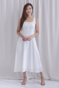 Emilia Ruched Lattice Corset Sleeveless Midi Dress In White