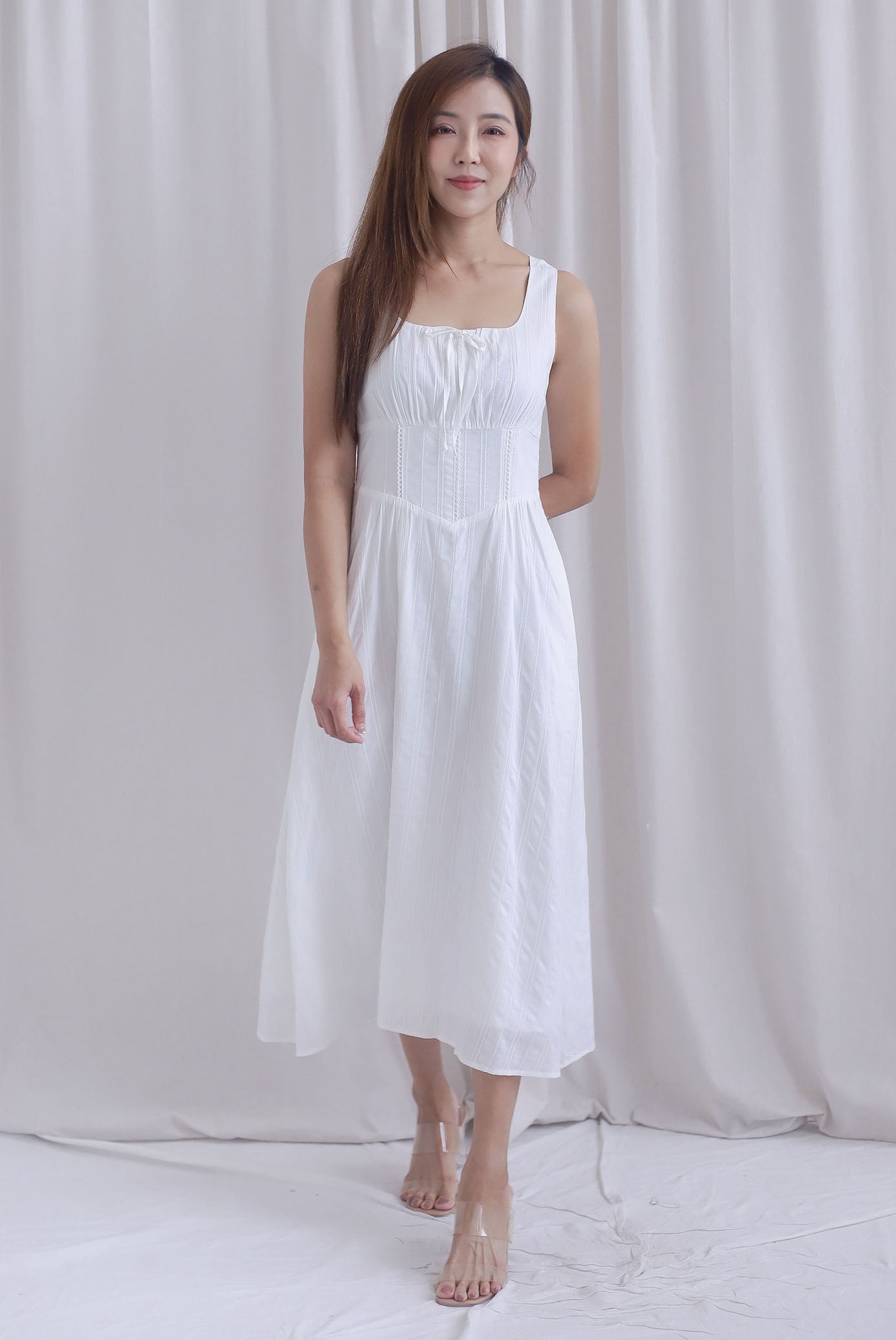 Emilia Ruched Lattice Corset Sleeveless Midi Dress In White