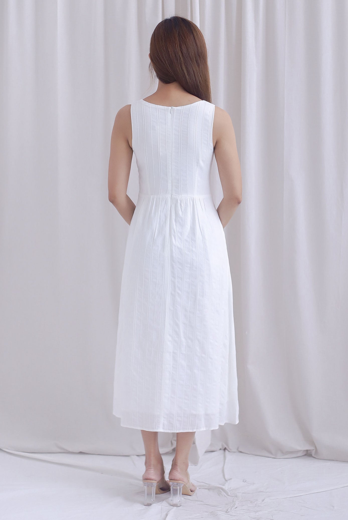 Emilia Ruched Lattice Corset Sleeveless Midi Dress In White