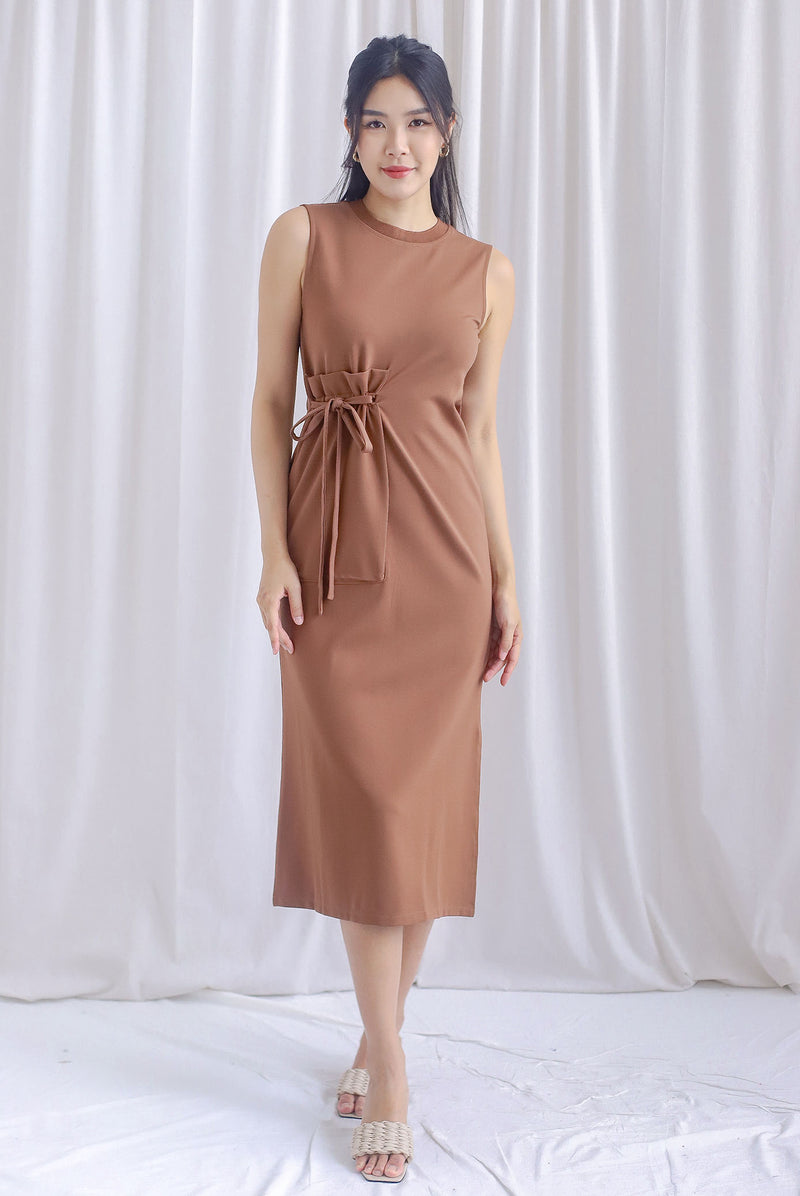 Emiliano Drawstring Pocket Sleeveless Dress In Caramel