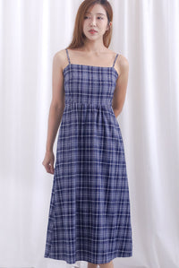 Erica Plaids Spag Midi Dress In Navy Blue