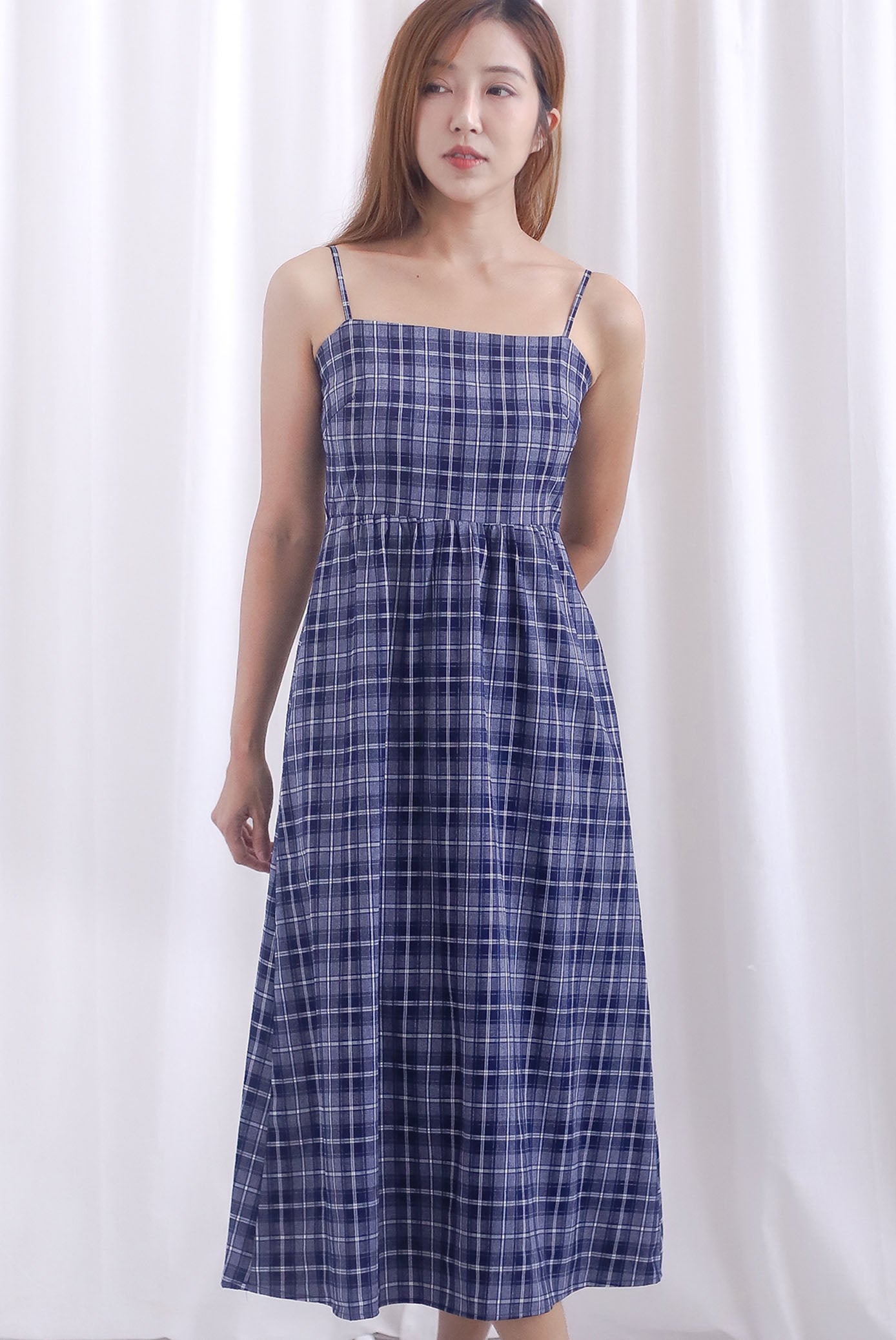 Erica Plaids Spag Midi Dress In Navy Blue
